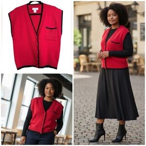 Laura Gayle Wool Blend Classic Red With Black Trim Sweater Vest Women's Sz XL